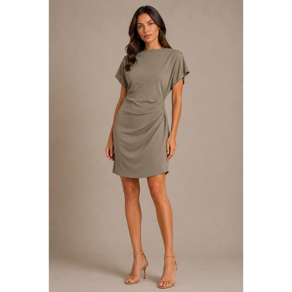 H&M Women Taupe Draped Mini Dress Short Sleeve High Neck 1142089 Size S NWT